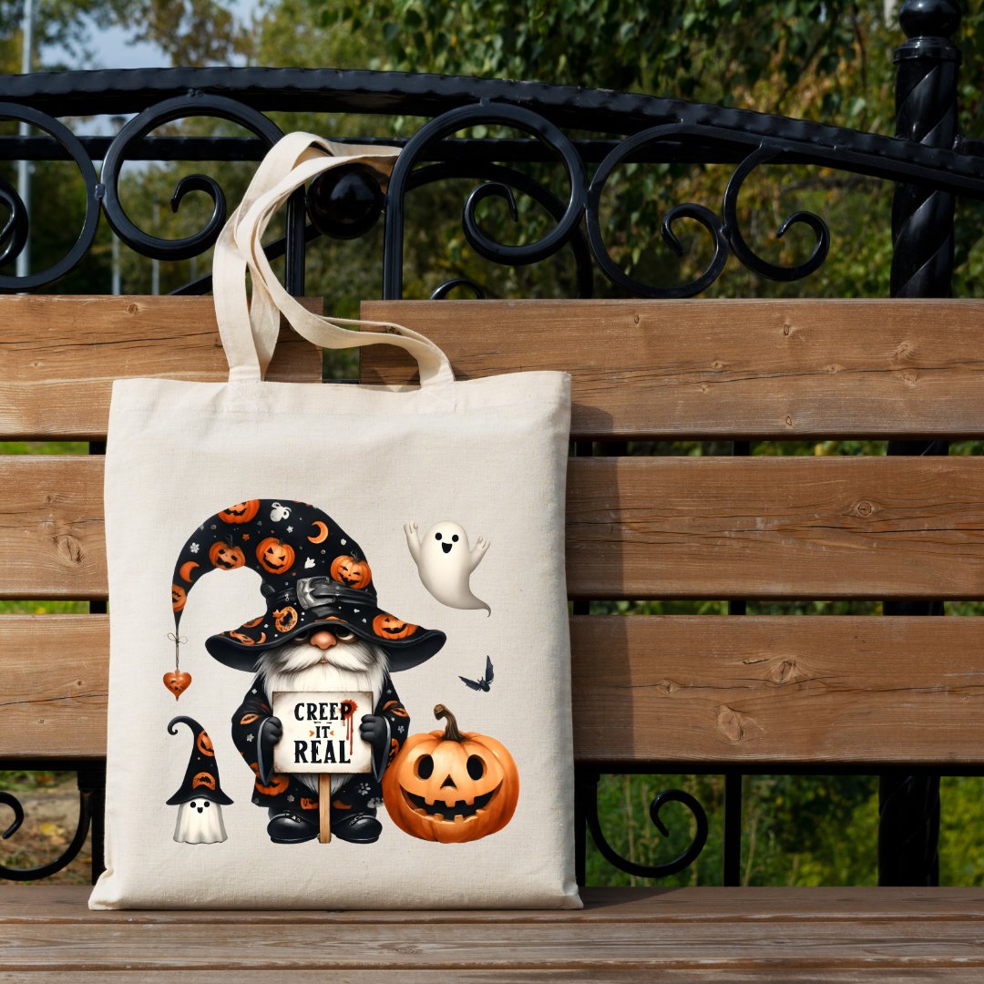 Canvas Halloween tote bag featuring festive gnome and jack-o-lantern