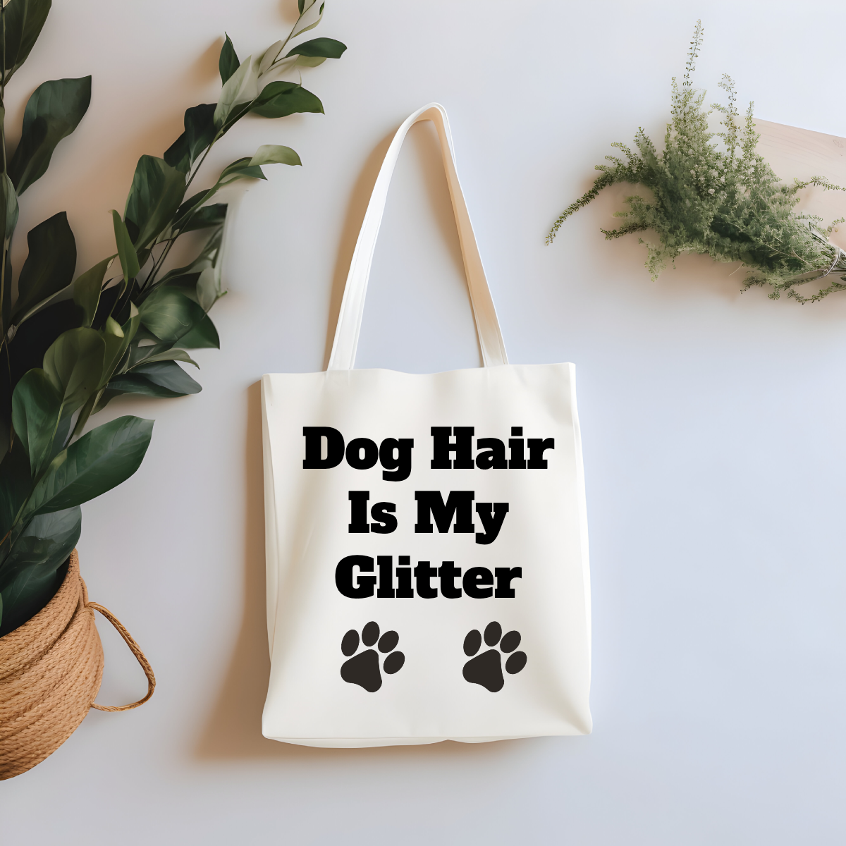 Pet lover tote bag styled with natural decor