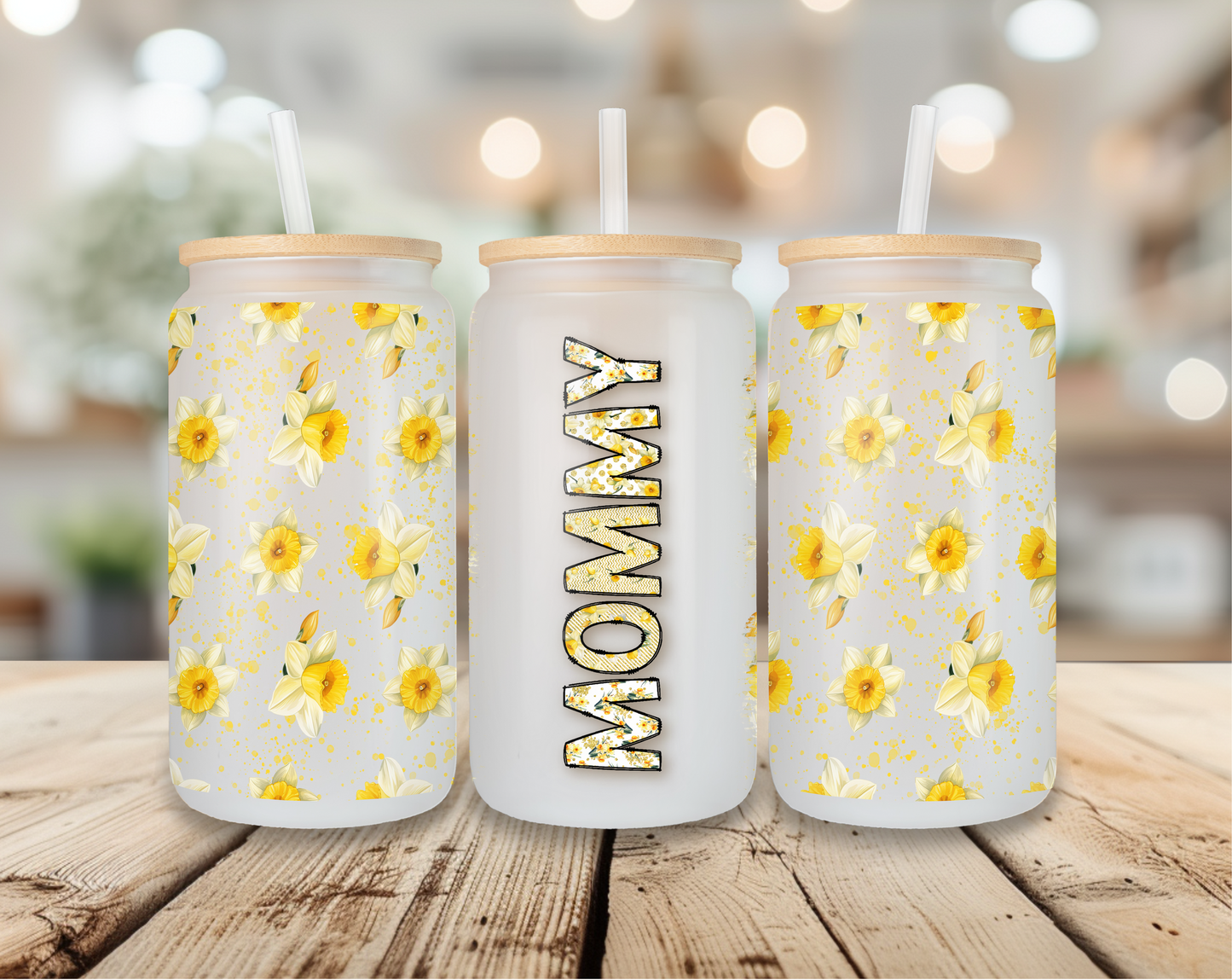 Mommy glass can tumbler with yellow floral design and bamboo lid