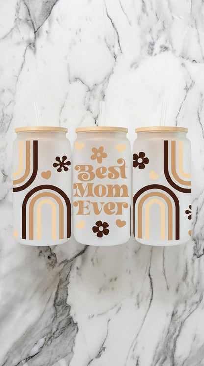 Best Mom Ever Glass Can Tumbler with Bamboo Lid and Straw | Mother’s Day Gift Cup