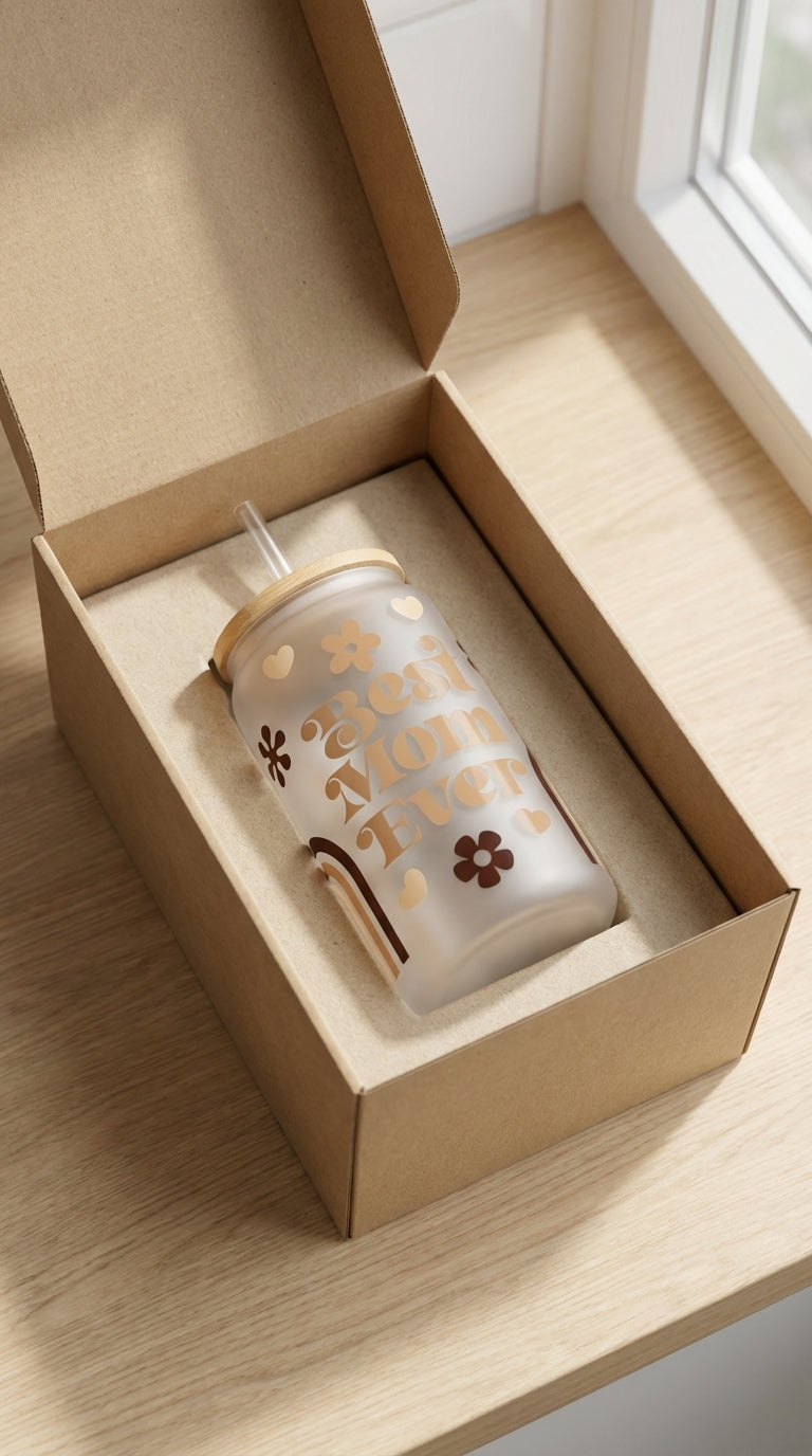 Best Mom Ever Glass Can Tumbler with Bamboo Lid and Straw | Mother’s Day Gift Cup