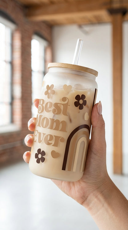 Best Mom Ever Glass Can Tumbler with Bamboo Lid and Straw | Mother’s Day Gift Cup