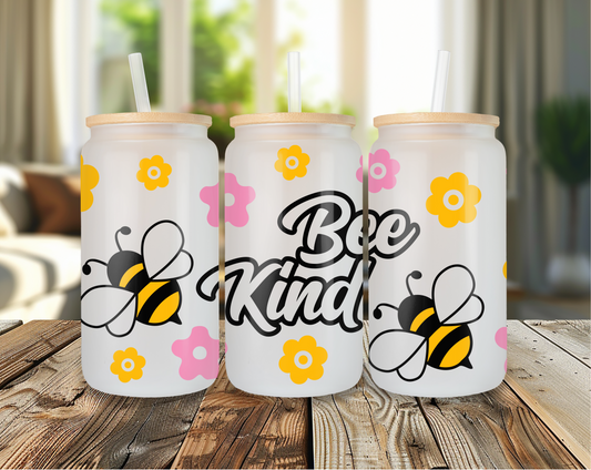 Bee Kind frosted glass can tumbler with bamboo lid and straw decorated with bees and flowers