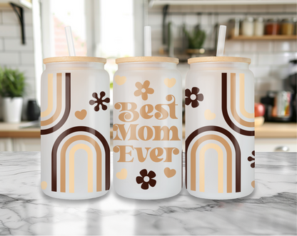 Best Mom Ever frosted glass can tumbler with retro rainbow design