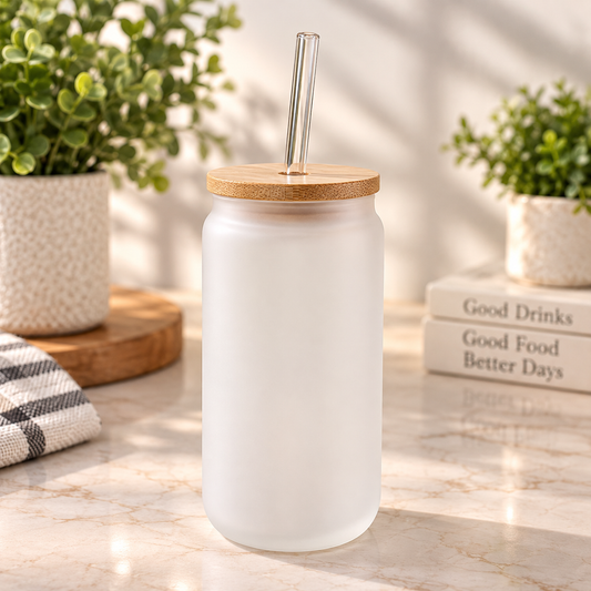 Personalized 16 oz frosted glass with bamboo lid and glass straw
