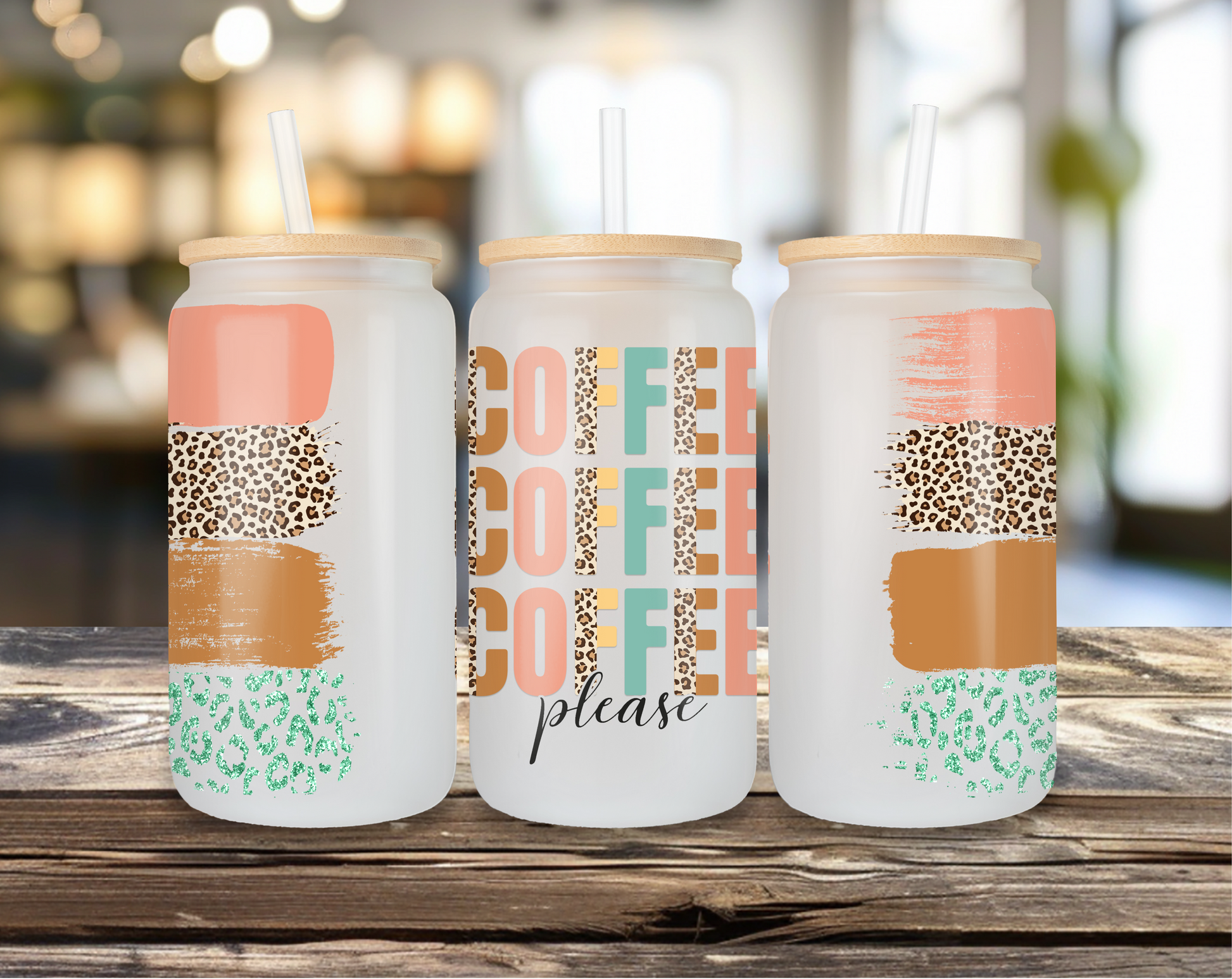 Coffee Please frosted glass can tumbler with leopard and pastel design