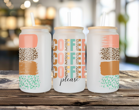 Coffee Please frosted glass can tumbler with leopard and pastel design