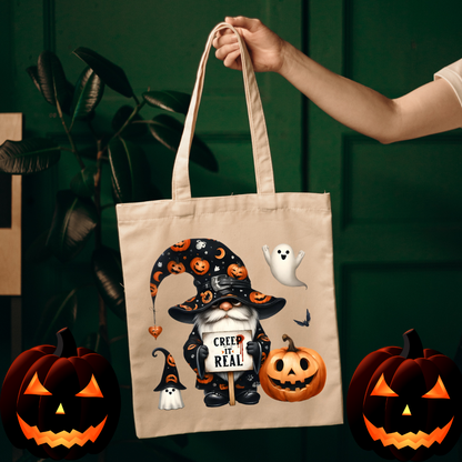 Halloween gnome tote bag with pumpkins and ghosts – “Creep It Real” design