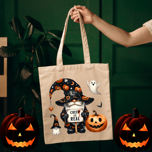 Halloween gnome tote bag with pumpkins and ghosts – “Creep It Real” design