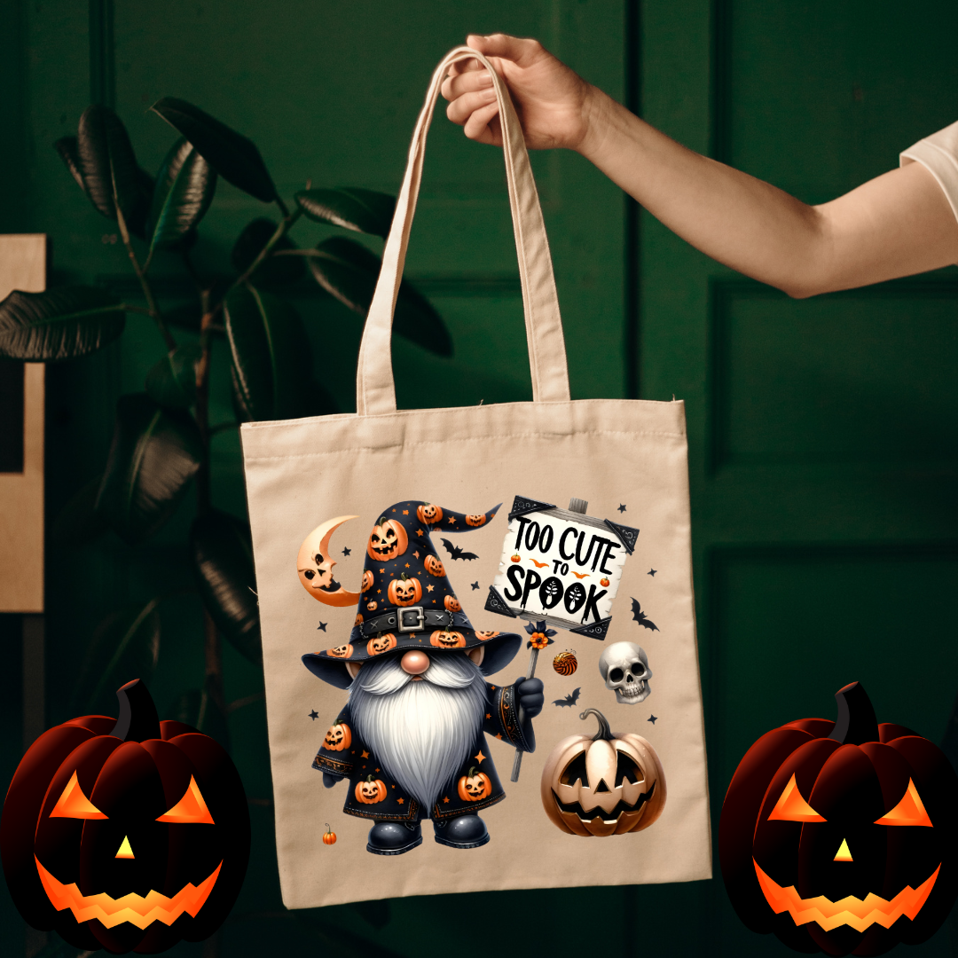 Canvas tote featuring gnome, pumpkins, and bats – cute spooky design