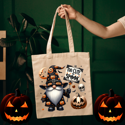 Canvas tote featuring gnome, pumpkins, and bats – cute spooky design
