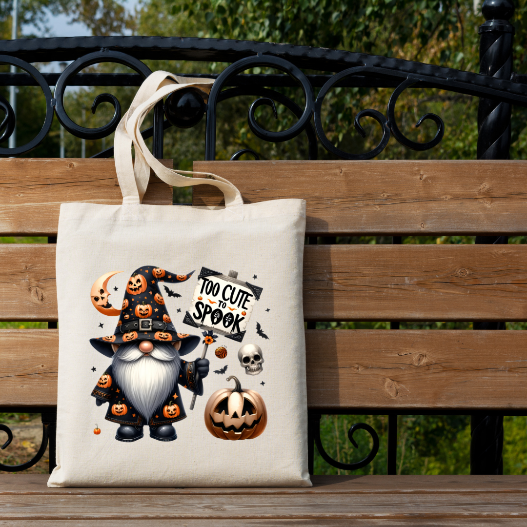 Too Cute to Spook Halloween tote with pumpkin gnome design