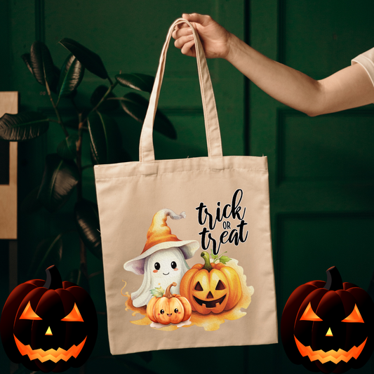 Trick or Treat canvas tote bag with ghost and pumpkins