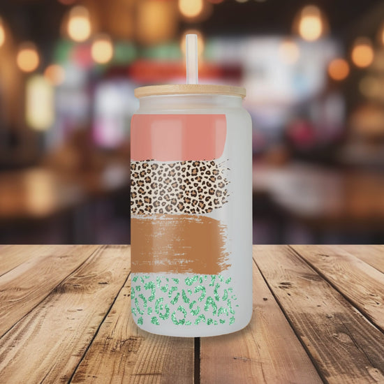 Rotating view of Coffee Please glass can tumbler with bamboo lid and straw