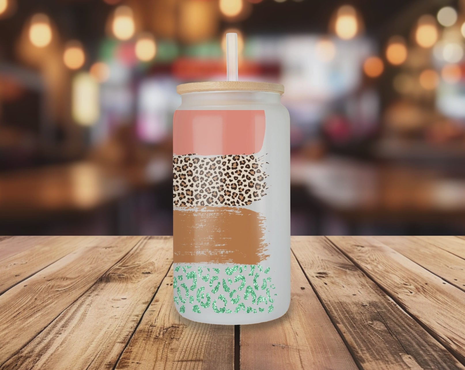 Rotating view of Coffee Please glass can tumbler with bamboo lid and straw