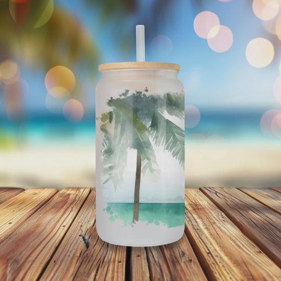 Rotating view of Beach More Worry Less glass can tumbler with tropical design