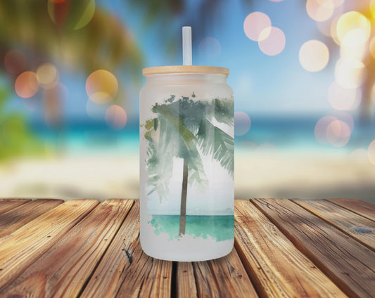 Rotating view of Beach More Worry Less glass can tumbler with tropical design