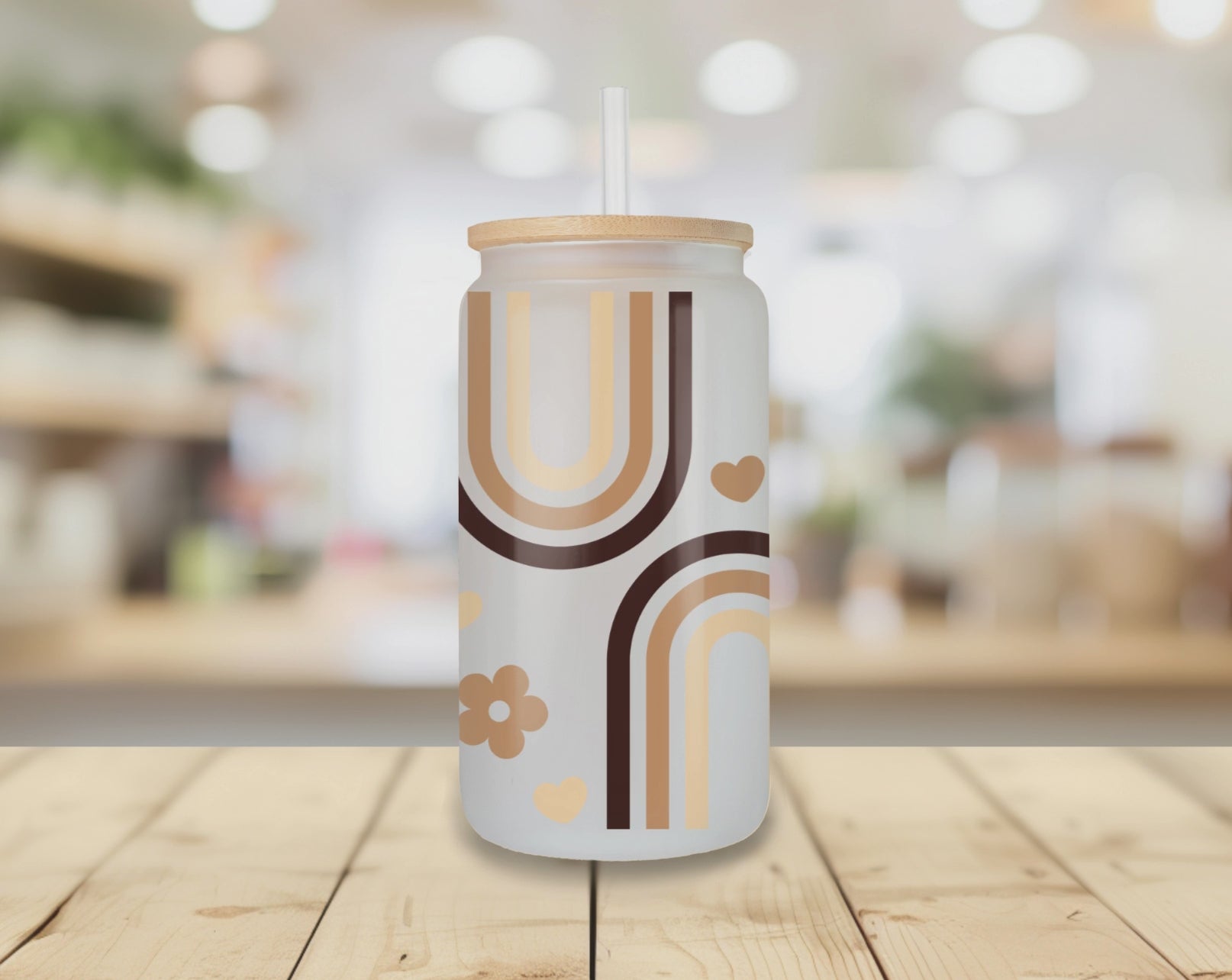 Rotating view of Best Mom Ever glass tumbler with retro rainbow design